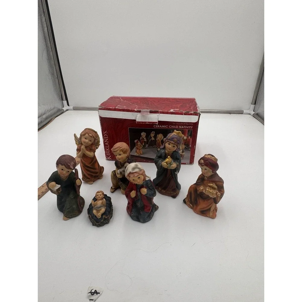 Vtg Nativity Child Set Kirklands Ceramic Glazed 7 Pieces Wiseman Is Missing 5.5